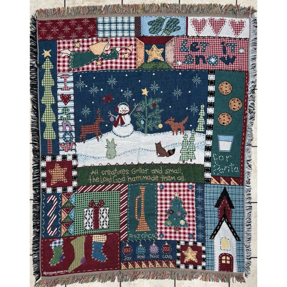 Vintage Goodwin Weavers Christmas Patchwork Tapestry Throw Blanket 42" x 62"